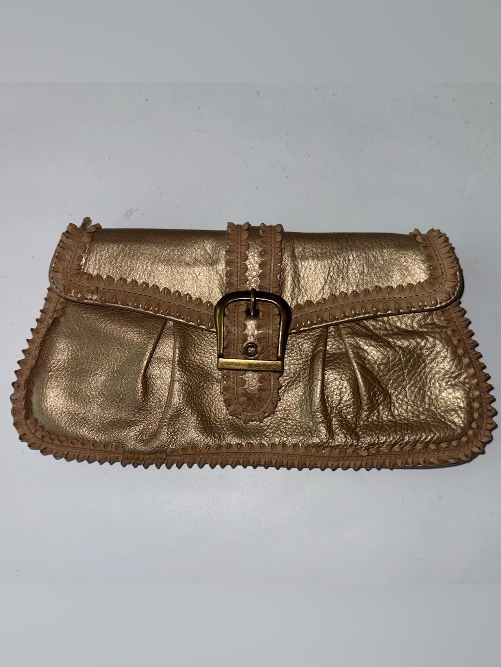 Vintage Isabella Fiore Metallic Leather Clutch Purse Brass Buckle Animal Lining